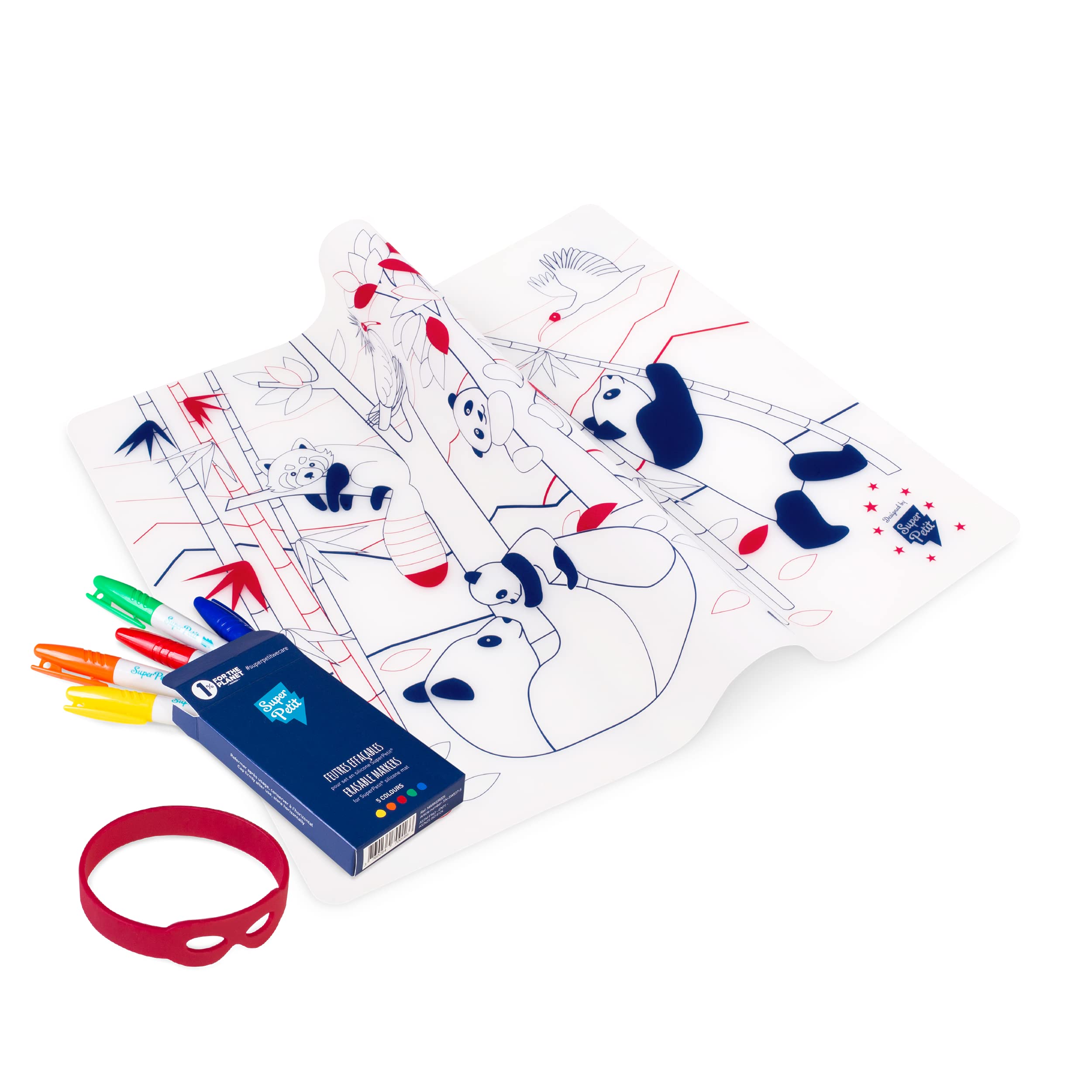 SUPER PETIT Super Small Panda Kit - Infinitely Reusable Silicone Placemat for Kids, Animal Theme, Includes Dry Erase Markers