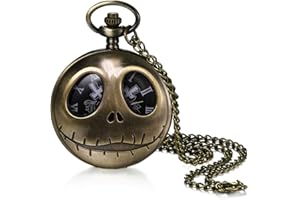 Lancardo Pocket Watch for Men Bronze Vintage Punk Skull Nightmare Before Christmas Roman Numeral Display Quartz Pocket Watch with Chain for Christmas Halloween Birthday