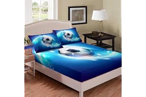 Erosebridal Sports Theme Fitted Sheet Football Pattern Sheet Set for Kids Boys Girls Teens Soccer Game Bedding Set Blue Bling Luxury Bed Cover Full Size 1 Fitted Sheet with 2 Pillow Cases