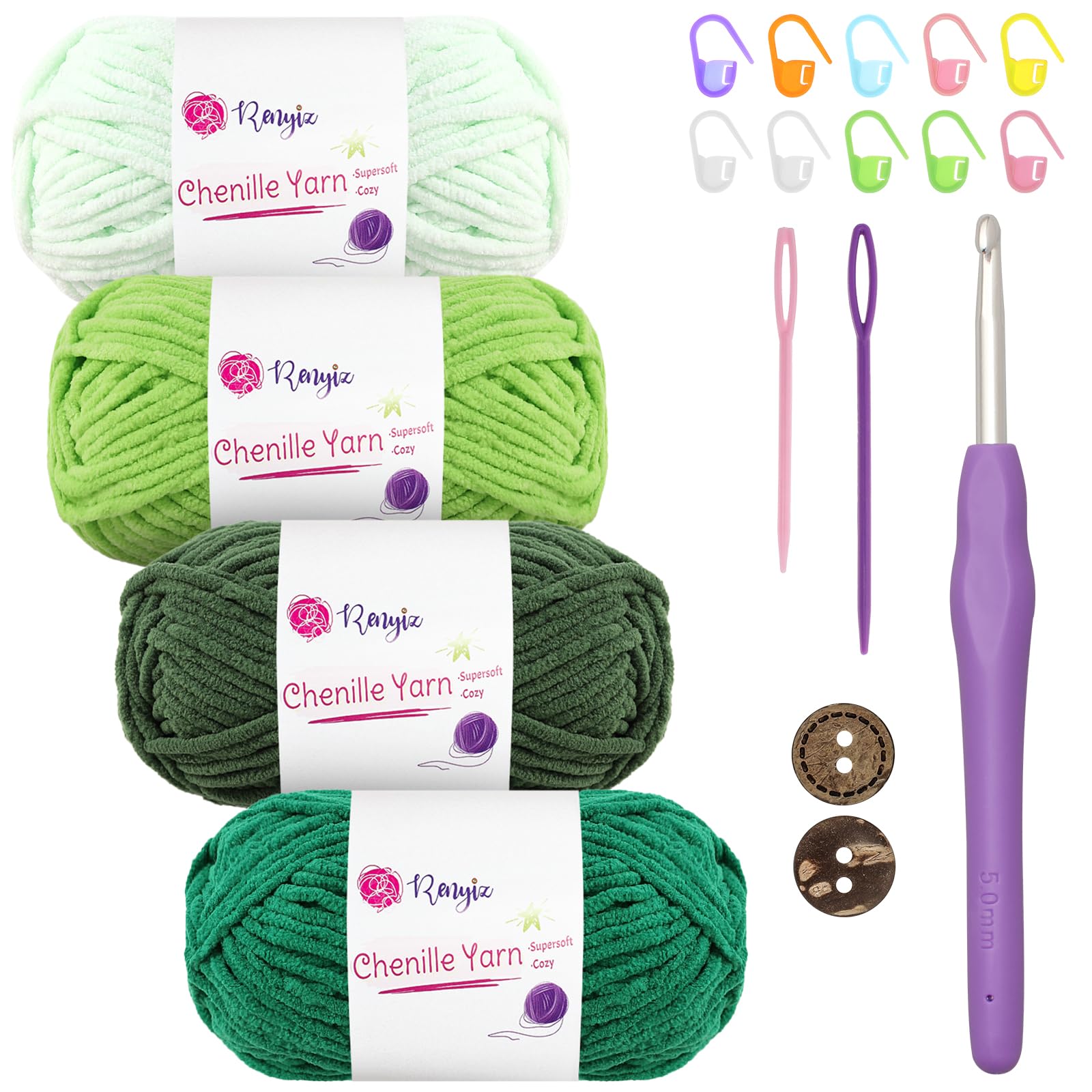 Chunky Chenille Yarn 4x50g (60m/Skein) Fluffy Knitting Wool with 5mm Hook, Ideal for Beginners - Thick Soft Crochet Yarn for Baby Blankets, Handmade Bags, Sweaters, Shoes, Hats and Scarves (Green-4)