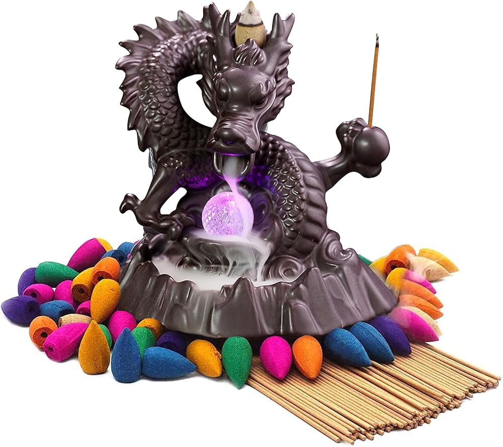 Moylor Dragon Incense Waterfall Burner with Color Changing Crystal Ball