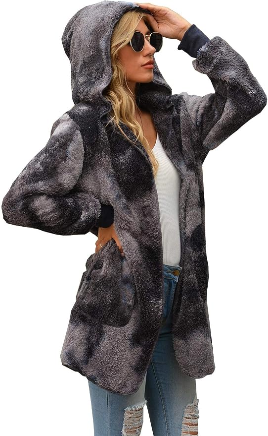 Womens Fuzzy Sherpa Fleece Hooded Cardigan Long Sleeve Open Front