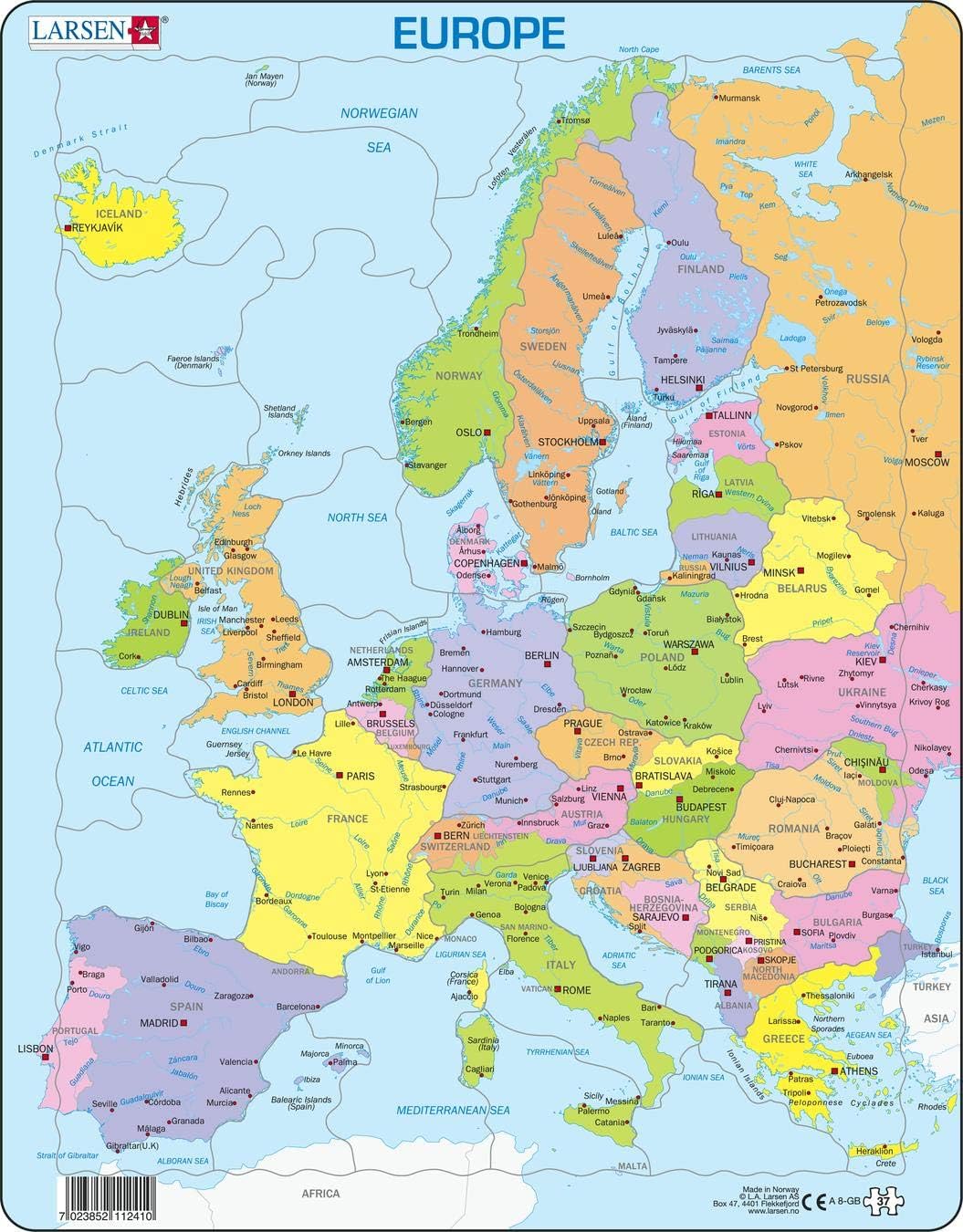 Larsen A8 Europe Political Map Puzzle, 37-Piece Tray Puzzle for Kids (Learn Countries, Cities