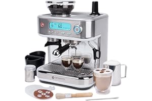 EspressoWorks Barista Pro Series Espresso Machine with Grinder, LCD Display and Steamer - Ready To Go In 60 Sec - 15-Bar Latte and Cappuccino Machine 30-Piece Bundle - Coffee Gifts (Silver)