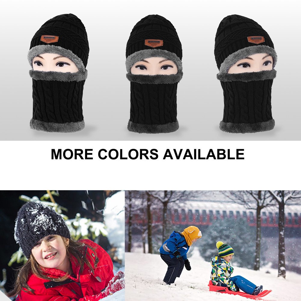 Vbiger Enfants Bonnet Tricoté Écharpe Épais Tour De Cou Avec Double polaire pour Garçons et Filles,2 Pièces, Noir, Taille unique