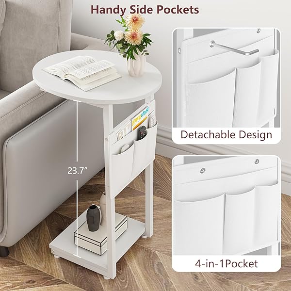 VAGUSICC C SHAPED END TABLE, SIDE TABLE FOR COUCH, SMALL COUCH SIDE TABLE FOR SMALL SPACES, SLIDE UNDER SOFA TRAY DESK WITH STORAGE BAG, ROUND SIDE TABLES FOR LIVING ROOM AND BEDROOM, WHITE