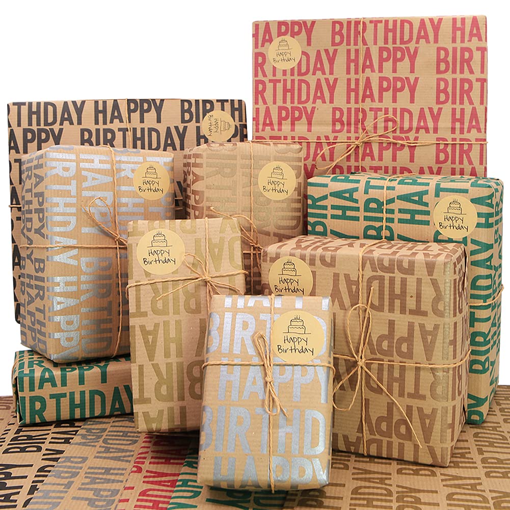 Kraft Recycled Gift Wrapping Paper - Happy Birthday, 12 Sheets 70 * 50cm Brown Folded Paper with Jute Strings, Stickers and Bows for All Birthday Occasions