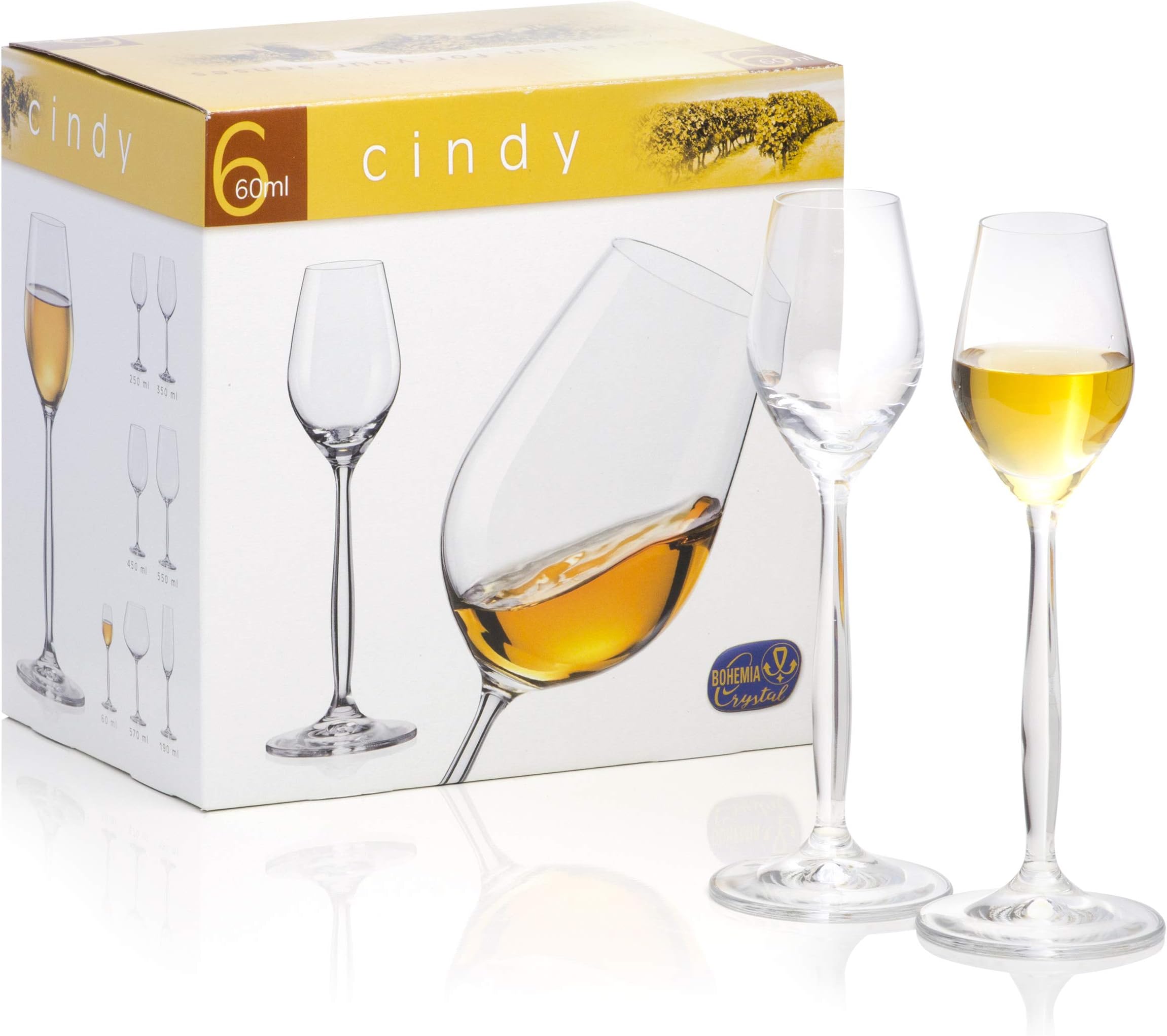 Small Crystal Cordial Glasses Set Of 6, For Liquor, Grappa, Port, Sherry, Dessert Wine, Vodka, Aperitif- Hard & Durable Clear Stemmed Shot Glasses - Bohemia Crystal Cindy Collection, 2 Ounces