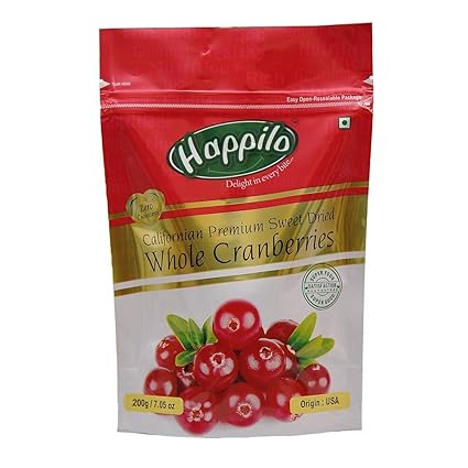 Happilo Premium Californian Dried Whole Cranberries, 200g (Pack of 5)