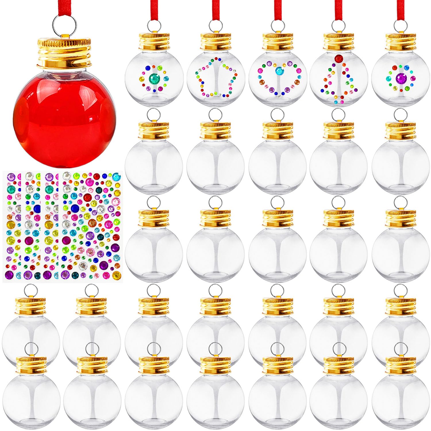 Photo 1 of 30 Pieces Clear Plastic Christmas Ornament Balls, Booze Balls, Fillable Tree Hanging Water Bottle Bulbs With Rhinestone Stickers for Wedding Party Holiday Decor