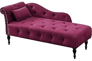 Homtique Chaise Lounge Indoor Velvet Button Tufted with Pillow, Nailhead Decorate Rolled Arm Chaise Lounge for Bedroom Living Room (Burgundy)
