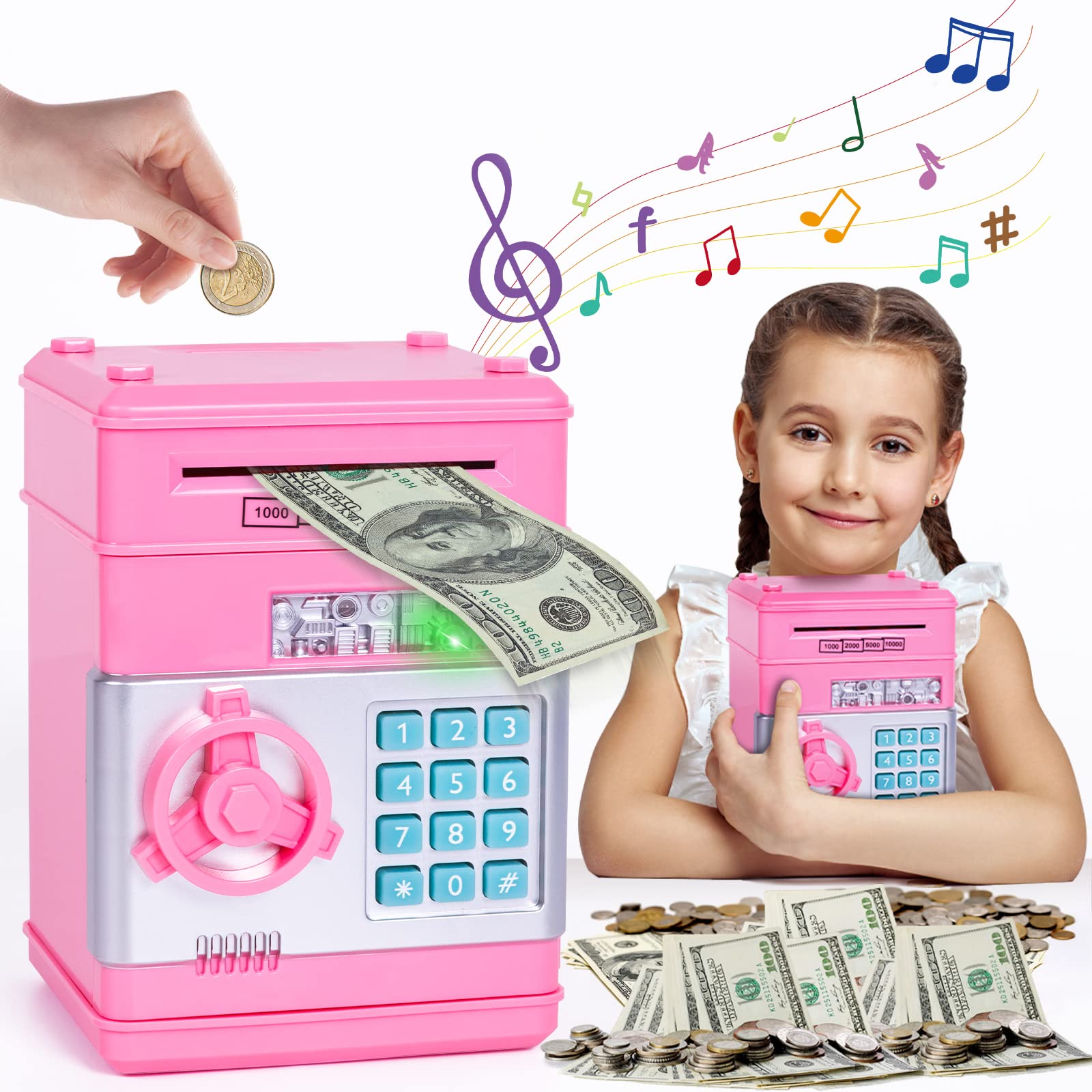 Thedttoy Elektronisch Spardose Münze Geldbank Spardosen , Automatische Mini ATM Digitale Sparschwein Tresor Kinder, Geburtstag Kindertag Geschenke für 3-10 Jahren Mädchen Jungen (Rosa)