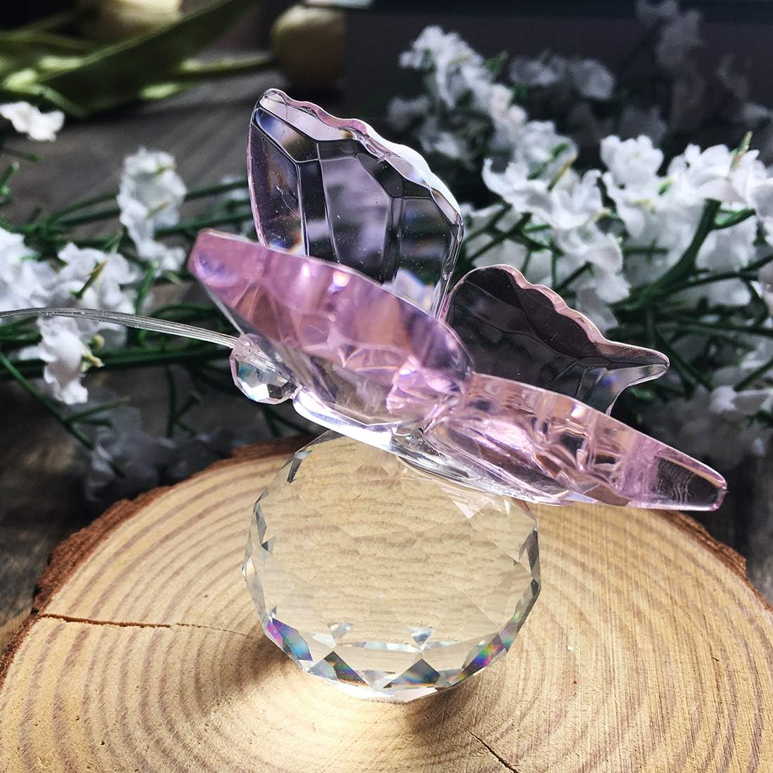 H&D Crystal Flying Butterfly with Ball Base Figurine Art Glass Collection Ornament Statue Animal Paperweight (pink) - Image 3