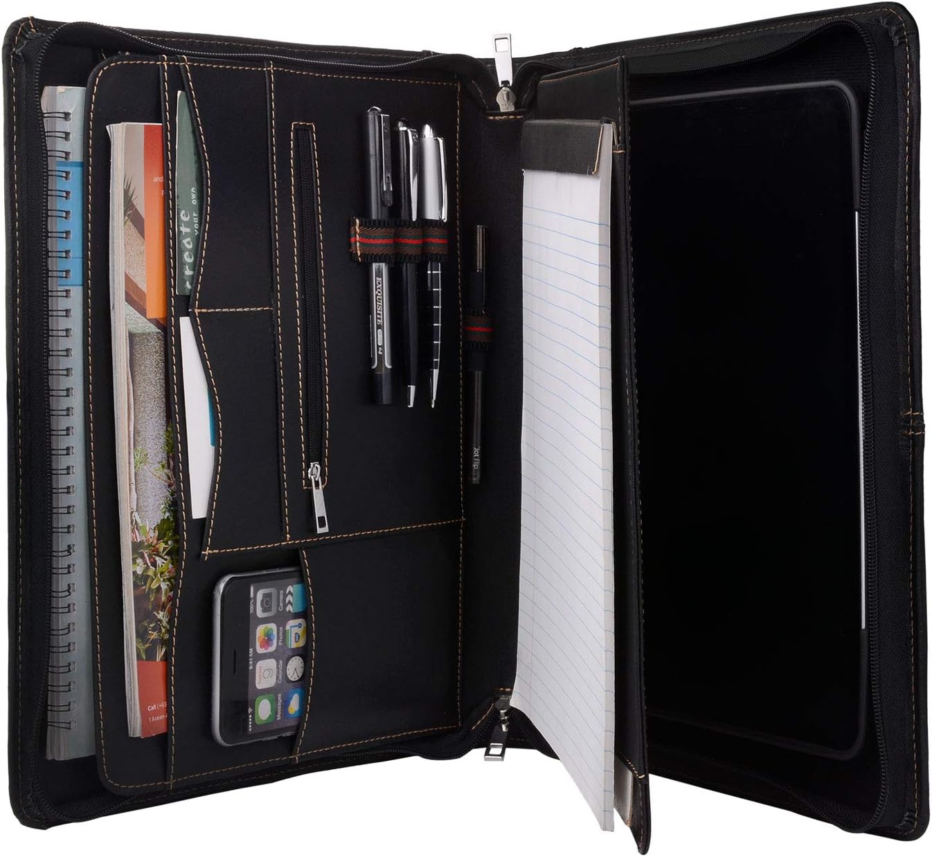 Zipper Leather Portfolio with Removable Tablet Holder, Padfolio Tablet Case with Stand Compatible for iPad Pro 11" 2020 & 2018 (1901Q-IP11-BK)