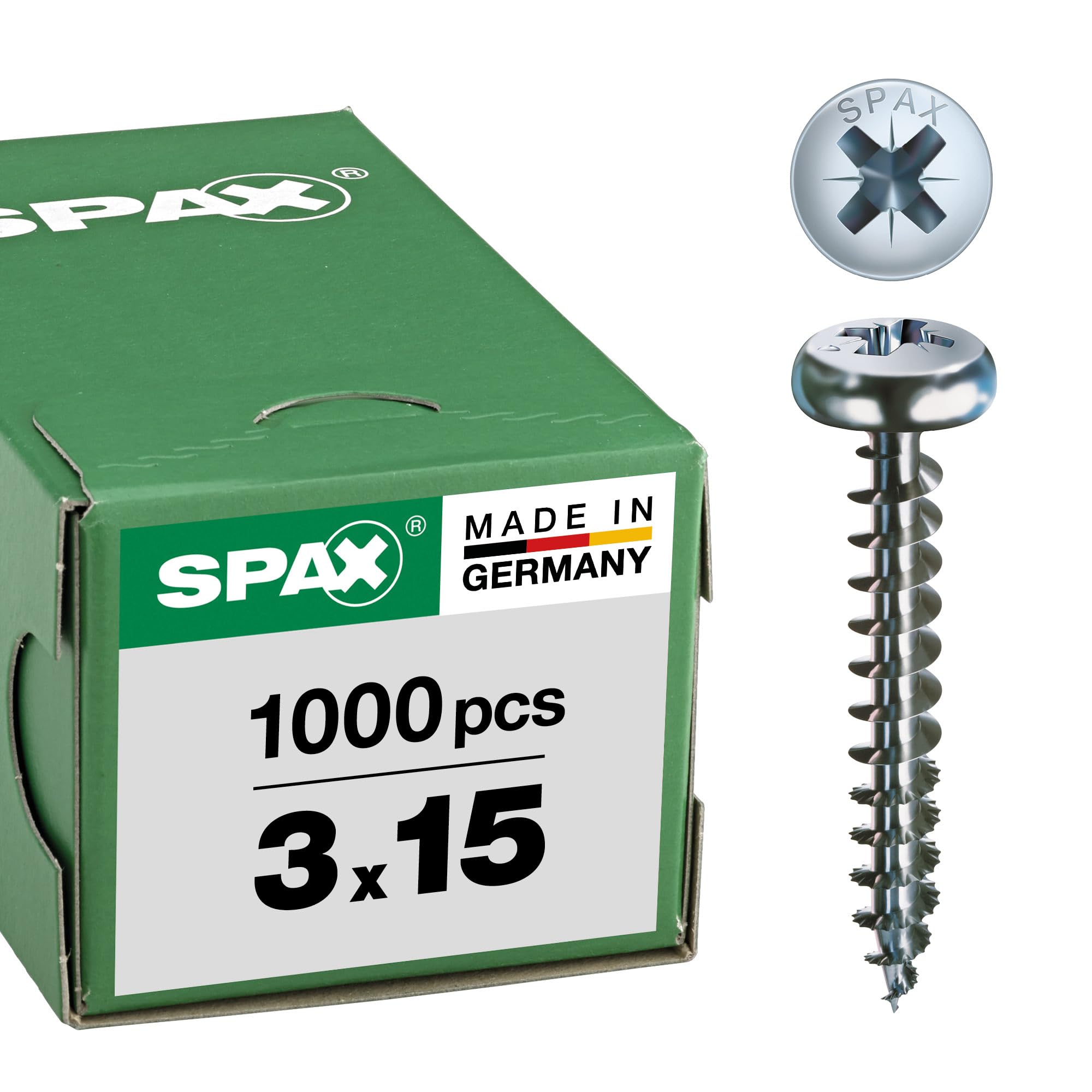 SPAX 0231010300155 Universal Screw, 3.0 x 15 mm, Phillips Z1, Half Round Head, Fully Thread, 4CUT, WIROX A3J, Blank Galvanised, Pack of 1000 — image 1