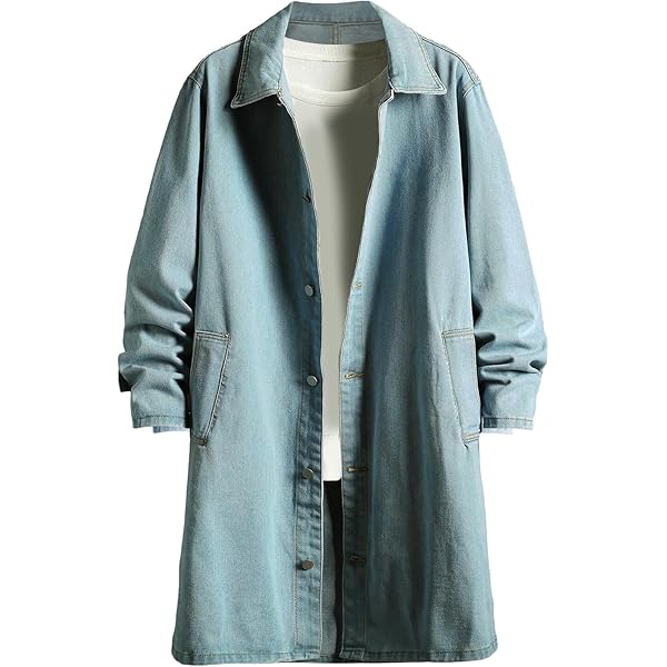 Akklian Mens Long Denim Trench Coat Classic Lapel Button Down