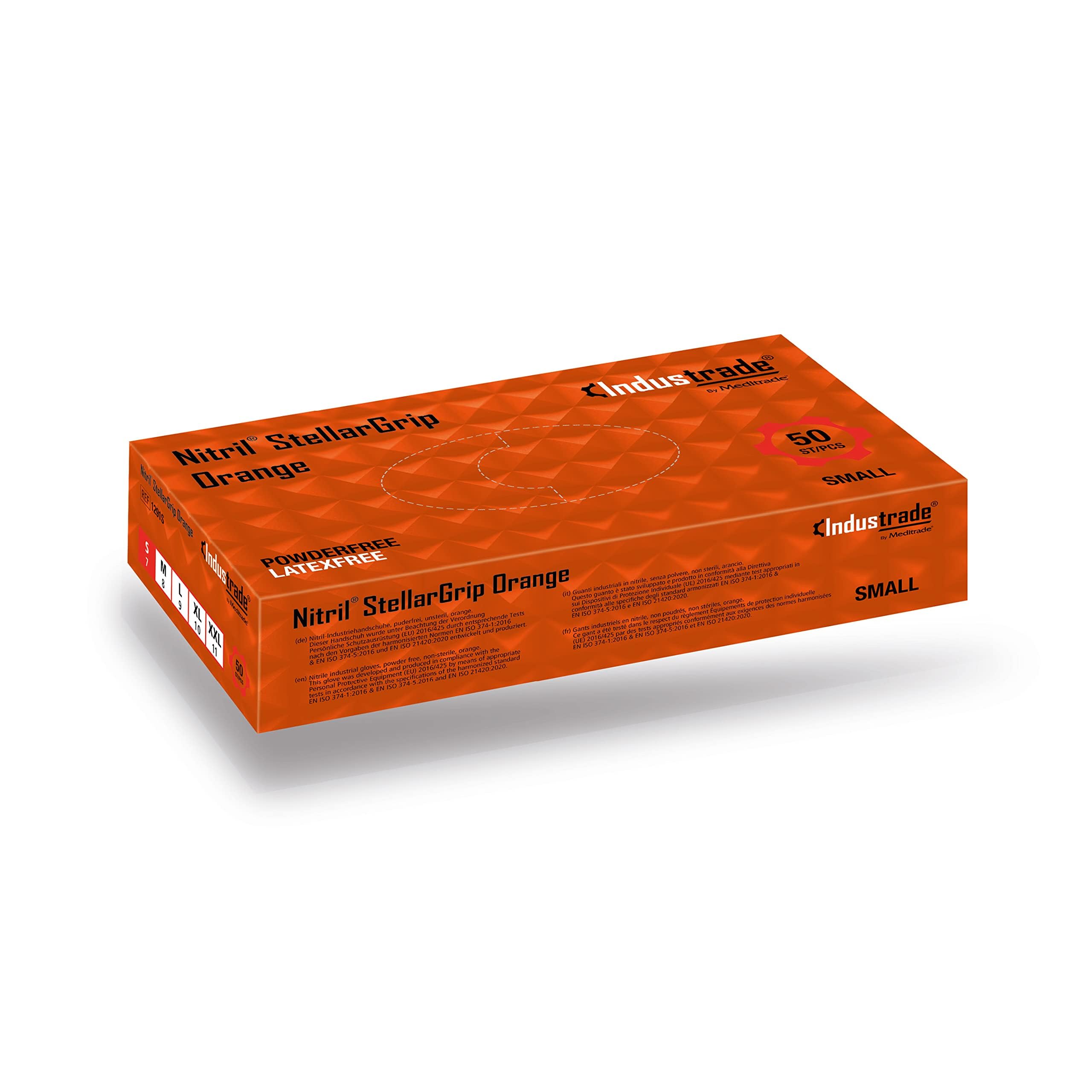 Industrade by Meditrade NITRIL Stellargrip Orange Nitrile Industrial Gloves - Diamond Texture for Enhanced Grip - Powder & Latex Free Disposable Gloves - 8.5g Thickness - Small - 50pcs