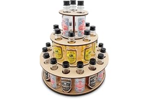 Shot Cake Party Centerpiece Display for Mini Liquor Bottles | 21st Birthday Holiday Celebration Decoration (Three Tier, Natural Wood)