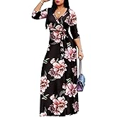 AOMONI Women's Floral Print Maxi Dresses Summer with Pockets Casual 3 4 Sleeve V-Neck Wrap Tie Waist Long Dress, M-3XL