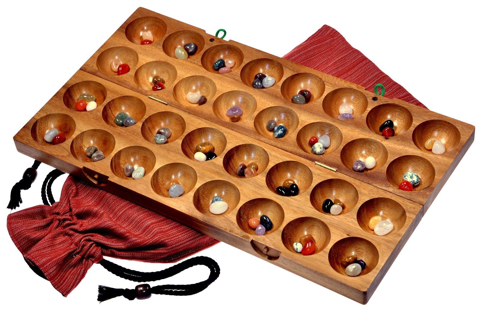 LOGOPLAY Hus - Bao - Kalaha - Bohnenspiel - Muschelspiel - Edelsteinspiel aus Samena-Holz inkl. 75 Edelsteinen und Stoffbeutel