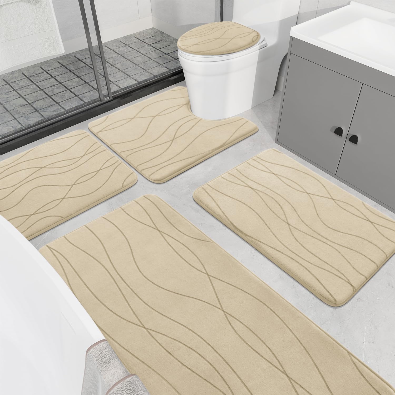 Photo 1 of YIHOUSE Memory Foam Bathroom Rug Sets 5 Piece, Ultra Absorbent Bath Mat for Bathroom - Non-Slip Machine Washable & Dry Quickly, 5 Piece Bathroom Mat Set,Khaki