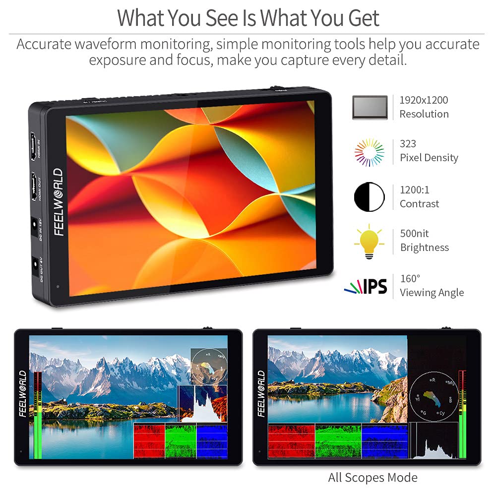 FEELWORLD F7 PRO 7 Inch Touch Screen DSLR Camera Field Monitor with F750 Battery and Bag 3D Lut HDR Waveform F970 External Power Install Kit 1920x1200 4K 60Hz HDMI in Out 8.4V Type-c Input