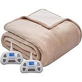 PiPiMAMA Electric Blanket Queen Size Dual Control,Flannel & Sherpa Plush 84"x 90" Heated Blanket Queen Heating Blanket with 10 Heating Levels,12 Hours Auto-Off Machine Washable(Khaki)