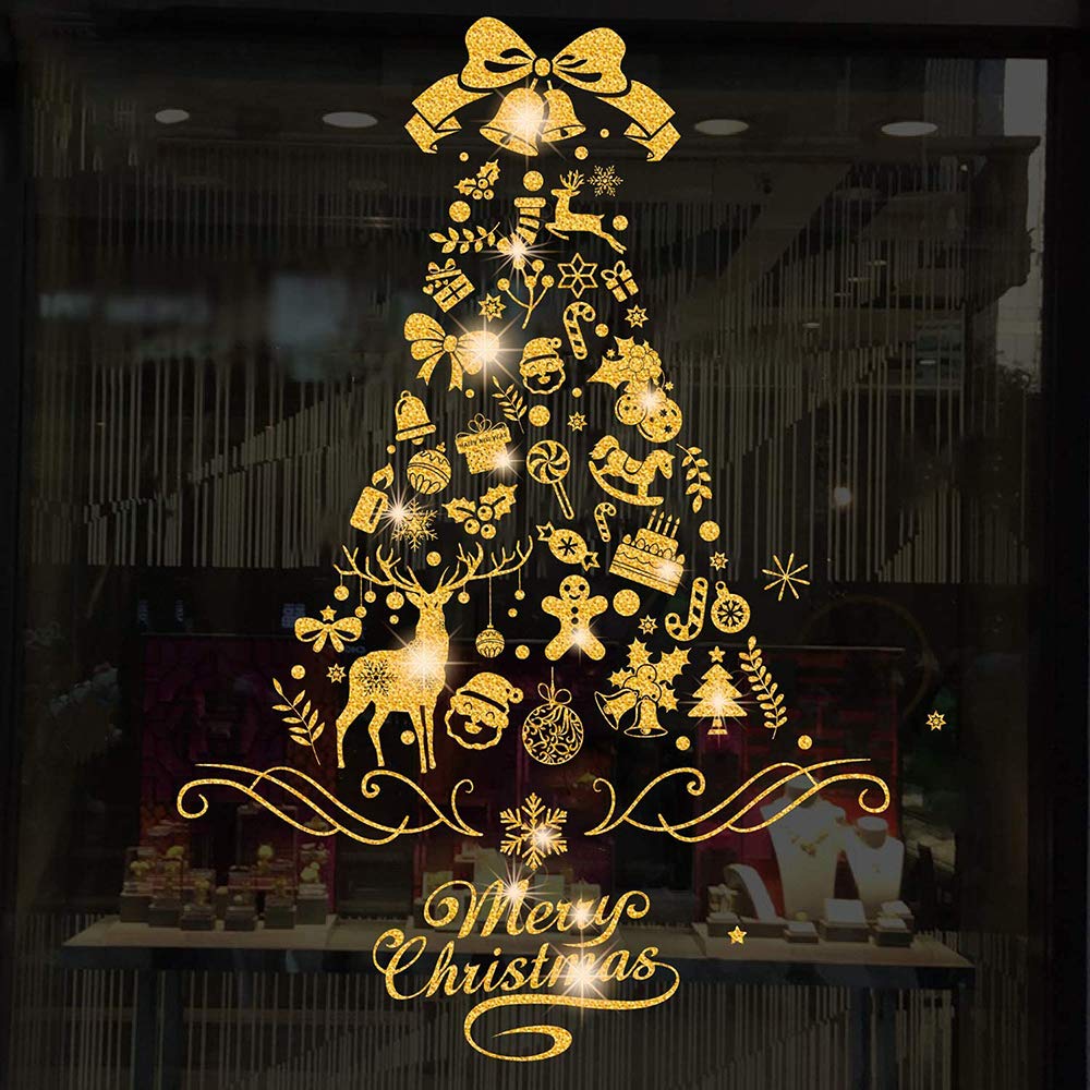 Vicor Christmas Window Decorations,4 Sheets Reusable Xmas Window Stickers,Gold Christmas Tree Clings for Christmas Window Decoration
