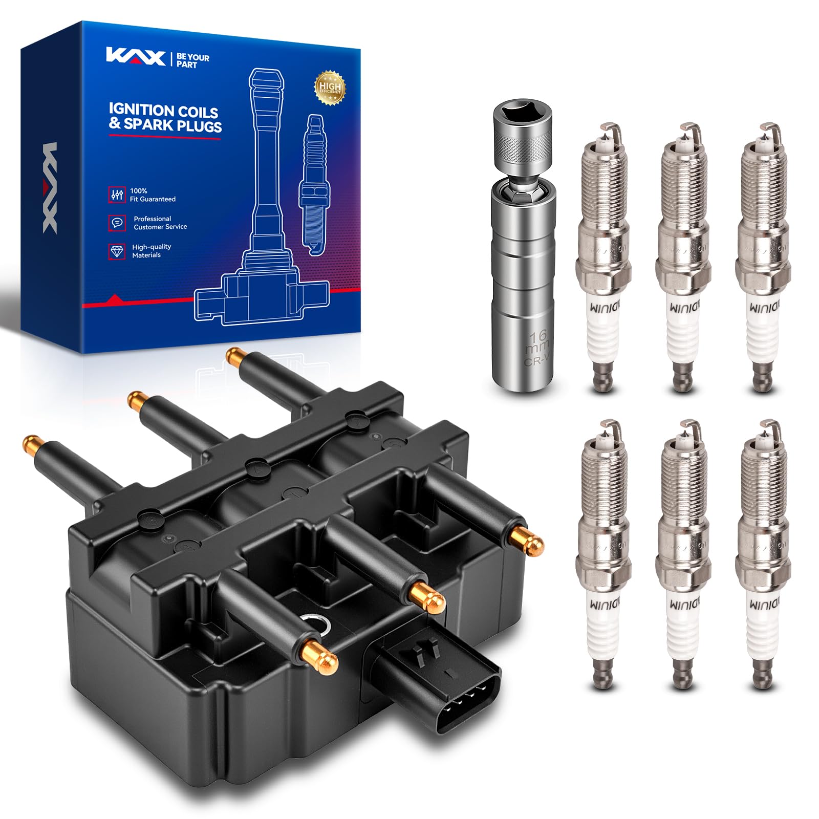 Photo 1 of KAX Ignition Coil and 6Pcs Iridium Spark Plugs Kit w/Magnetic Socket for Chrysler Pacifica Town & Country Voyage Dodge Grand Caravan Jeep Wrangler Routan 3.3L 3.8L V6, Replace#UF305, 3381