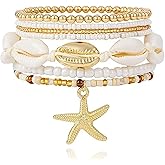 Long tiantian Shell Starfish Bracelet Gold Beaded Bracelet Stack Summer Stuff Beach Jewelry for Women Puka Shell Vacation Outfits Accessories