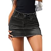 ELLEVEN Raw Hem Jean Skirt Stretchy & Soft - Denim Mini Skirt with Pockets Casual Outfit
