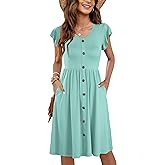 WNEEDU Women Summer Dresses Sleeveless Casual Loose Swing Button Down Midi Dress with Pockets