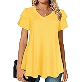 Afibi Womens Summer Tops Ruffle Short Sleeve V Neck T-Shirts Casual Loose Fit