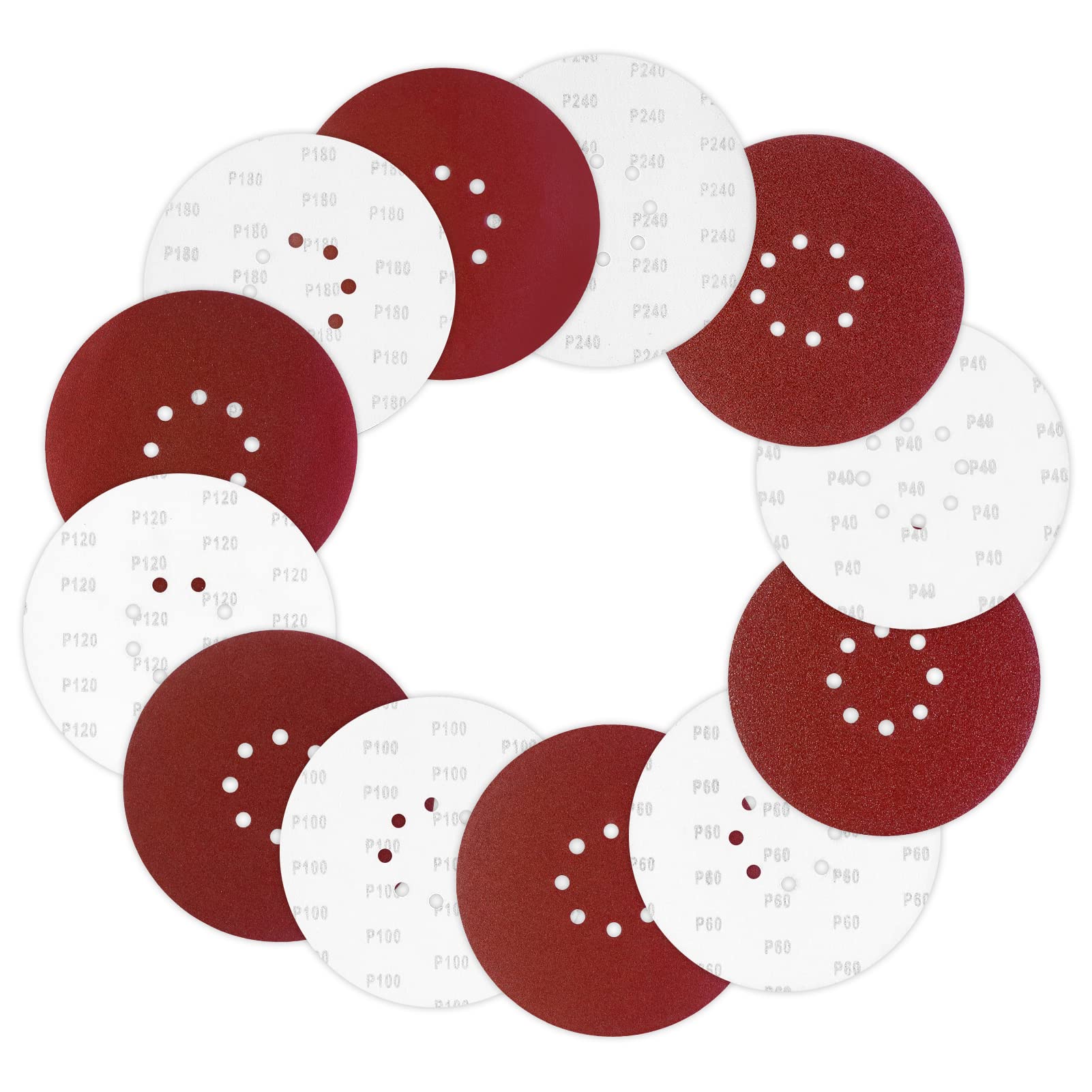 Viaky 225mm Sanding Discs 30 Pcs, Hook and Loop 8 Hole Orbital Sander Discs, 9 inch 40 60 100 120 180 240 Mixed Grits Round Sanding Pads for Random Orbital Sander Polishing