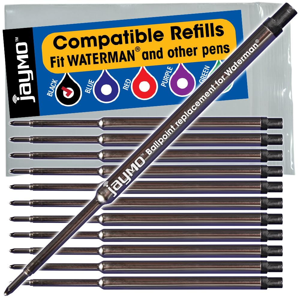 Jaymo Replacement for Waterman 834254 - Measures 4.4 in / 112 mm Long - Ballpoint Pen Refill - 12 Black