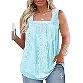 ROSRISS Plus-Size-Tank-Tops Summer Sleeveless Loose Fit Pleated Shirts Square Neck Tunics Eyelet Flowy Tees