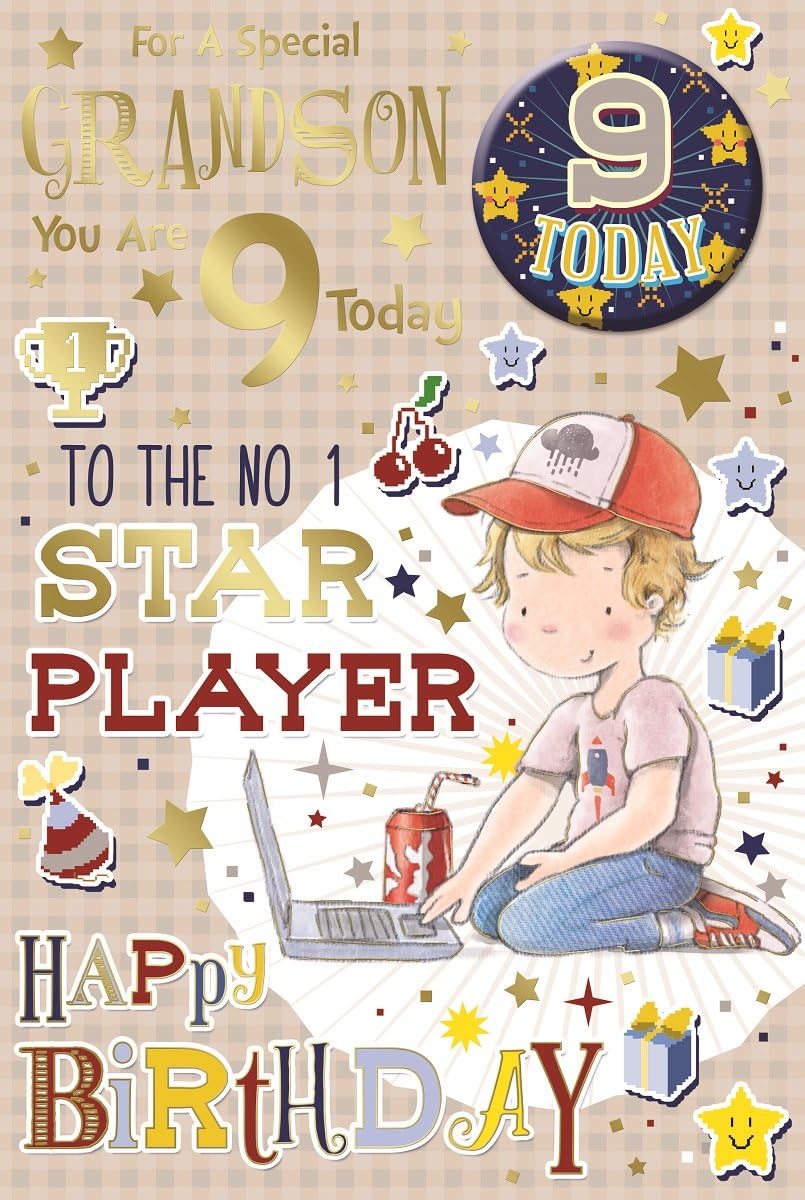 Grandson 9th Birthday Card & Badge - Gold Foil 9 & Boy with Football 9" x 6", blue|beige|orange|yellow|red, 23cm x 15cm