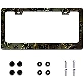 Personalized License Plate Frame Gold Topographic Map Stainless Steel Accessory Topography License Plate Holder Funny Car Decorative 2 Holes Fits Us Standard License Plates 12.2 X 6.3 In For Men Women