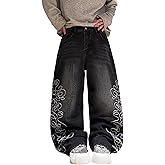 QGRSWBC Mens Baggy Jeans Wide Leg Denim Pants Hip Hop Trousers Y2k Embroidered Fashion Streetwear Clothing