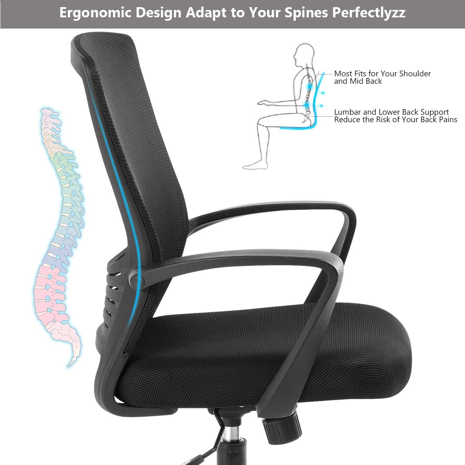 ZLHECTO Ergonomic Office Chair,Mid Back Mesh Chair Black,Computer Desk Chair with Adjustable Height and Mesh Rocking Back,Weight Hold Up to 250Ibs-Adjustable Chair for Conference Room-5 Years Warranty: Kitchen & Dining