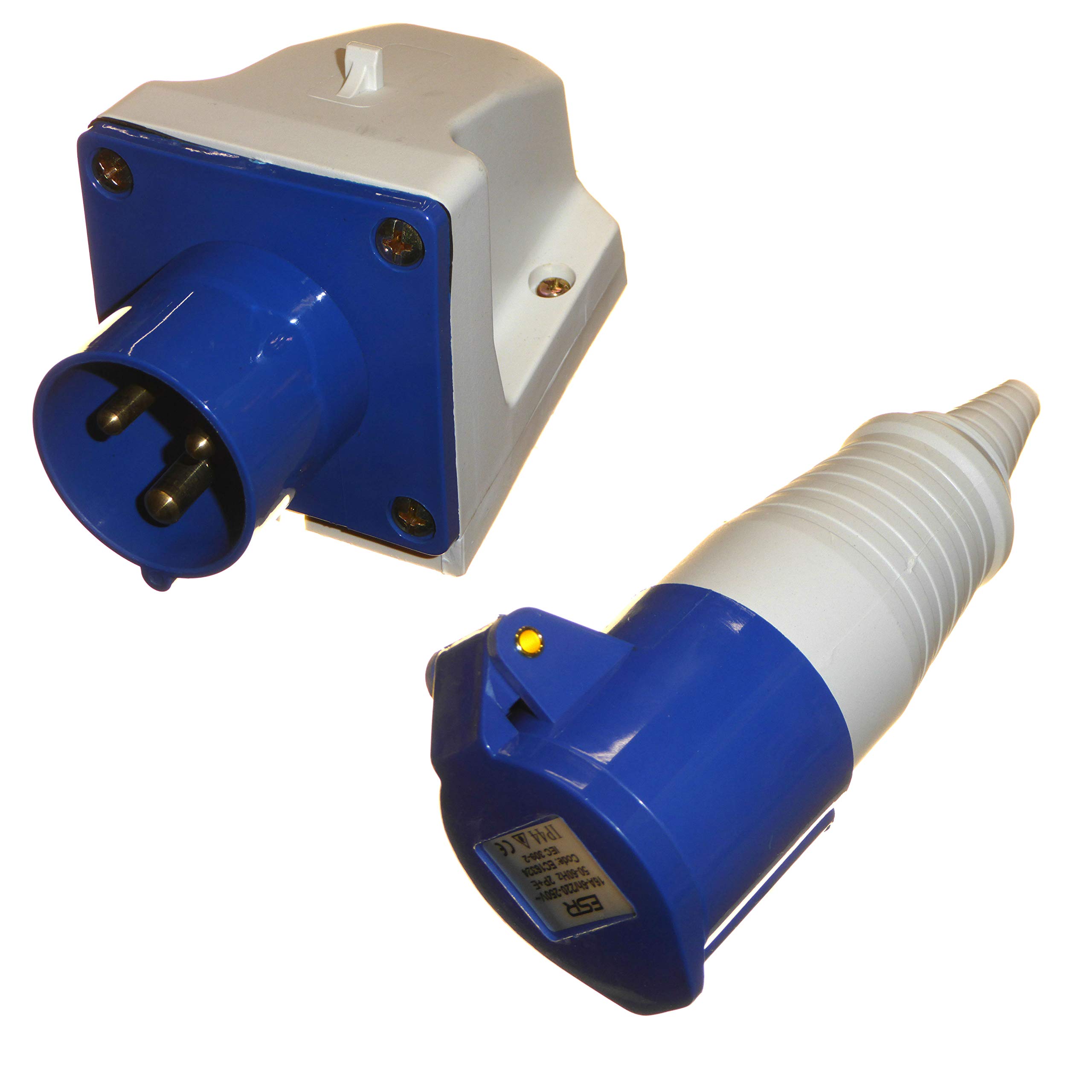 16A Appliance Socket and Coupler 3 Pin 230v Single Phase 16 Amp IP44 Rainsafe Indoor/Outdoor Blue Industrial IEC309-2