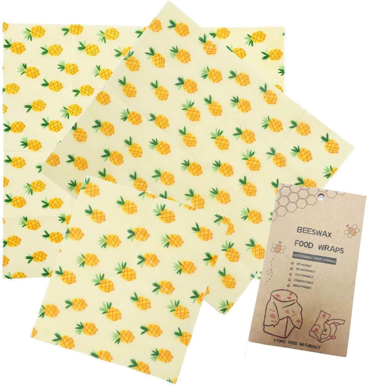 Hgrope Reusable Plastic-Free Beeswax Food Storage Wrap with Natural Organic Ingredients Suit for Store Fruit Bread and Leftover, PACK of 3, Yellow