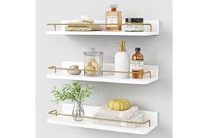 Forbena Gold Floating Shelves for Wall Decor Set of 3, Bathroom Shelves Over Toilet, Modern Display Wall Shelf with Guard Rail for Living Room Bedroom Organizers and Storage - White and Gold
