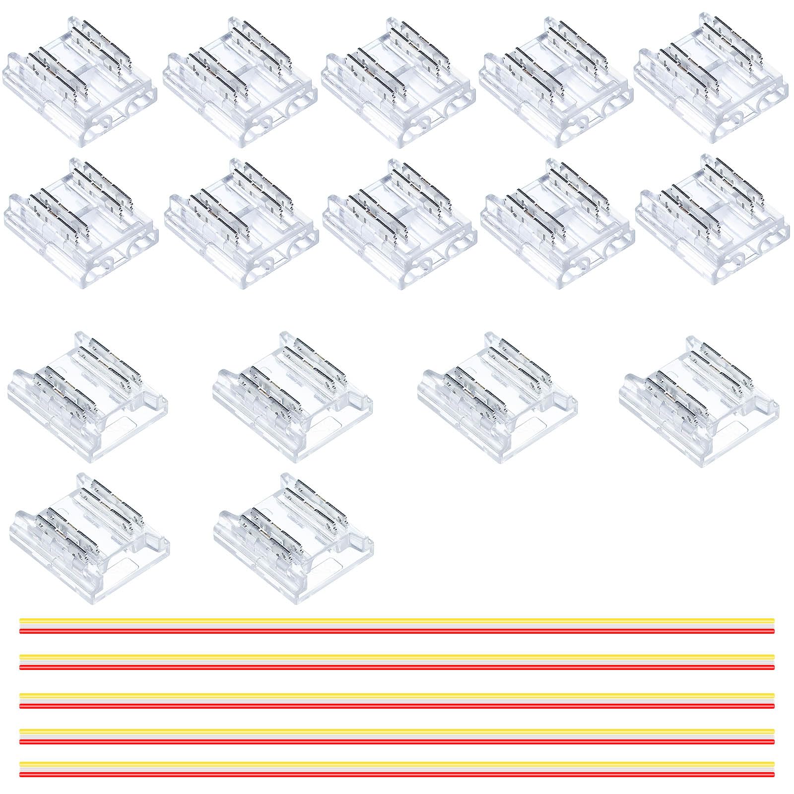 GOMING 10mm/0.39in CCT COB LED Strip Connector Kit 4Pin 10Pcs Strip to Wire Transparent Gapless Connectors 6Pcs Strip to Strip Connectors 5Pcs 15cm/5.9in Extension Wires for CCT COB LED Strip