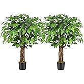 Keeplush 3ft Ficus Artificial Trees with Natural Curved Trunks, 36" Tall Lush Faux Tree for Home Decor Indoor, Green Lifelike Fake Ficus Tree Artificial Plants(Set of 2)