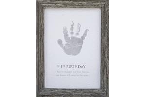 THE GRANDPARENT GIFT CO. The Grandparent Gift Baby's First Birthday Keepsake Kit for Hand or Footprint Farm House Style Frame, Grey
