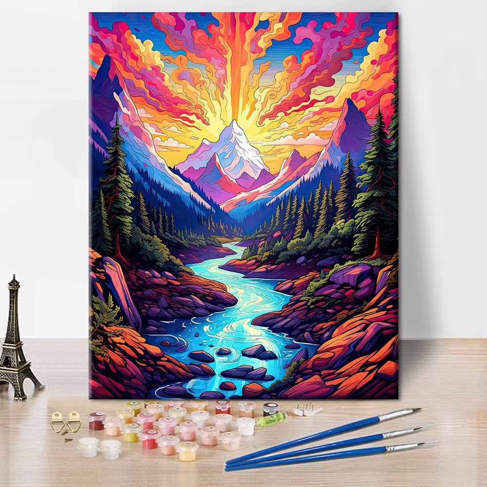 Photo 1 of Colorful Scenery Paint by Numbers for Adults Beginner Mountain and River Oil Painting Abstract Forest Tree Plant Paint by Number Kits DIY Acrylic Painting for Paint by Number Arts Craft16 x20Inch