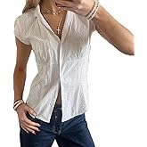 Women's Plaid Button Down Shirt Short Cap Sleeve V Neck Casual Blouse Tops for Woman