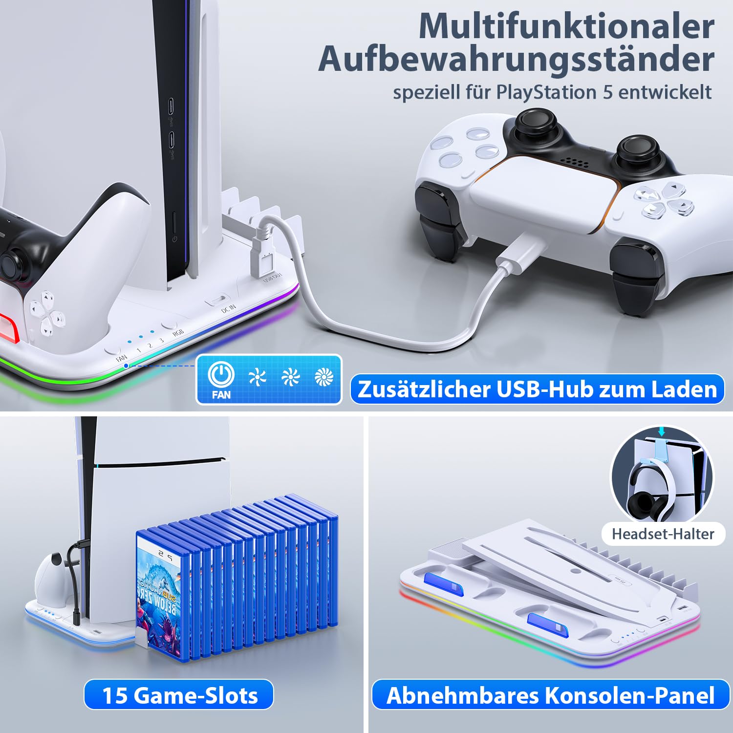 PS5 Stand Kühlständer für PS5/PS5 Slim/PS5 Pro, ps 5 ständer mit 3 Stufen Lüfter/RGB, Dual ps5 Controller Ladestation/Headset Halter/USB-Anschluss/15 Game-Slots, PS5-Zubehör,Weiß 8