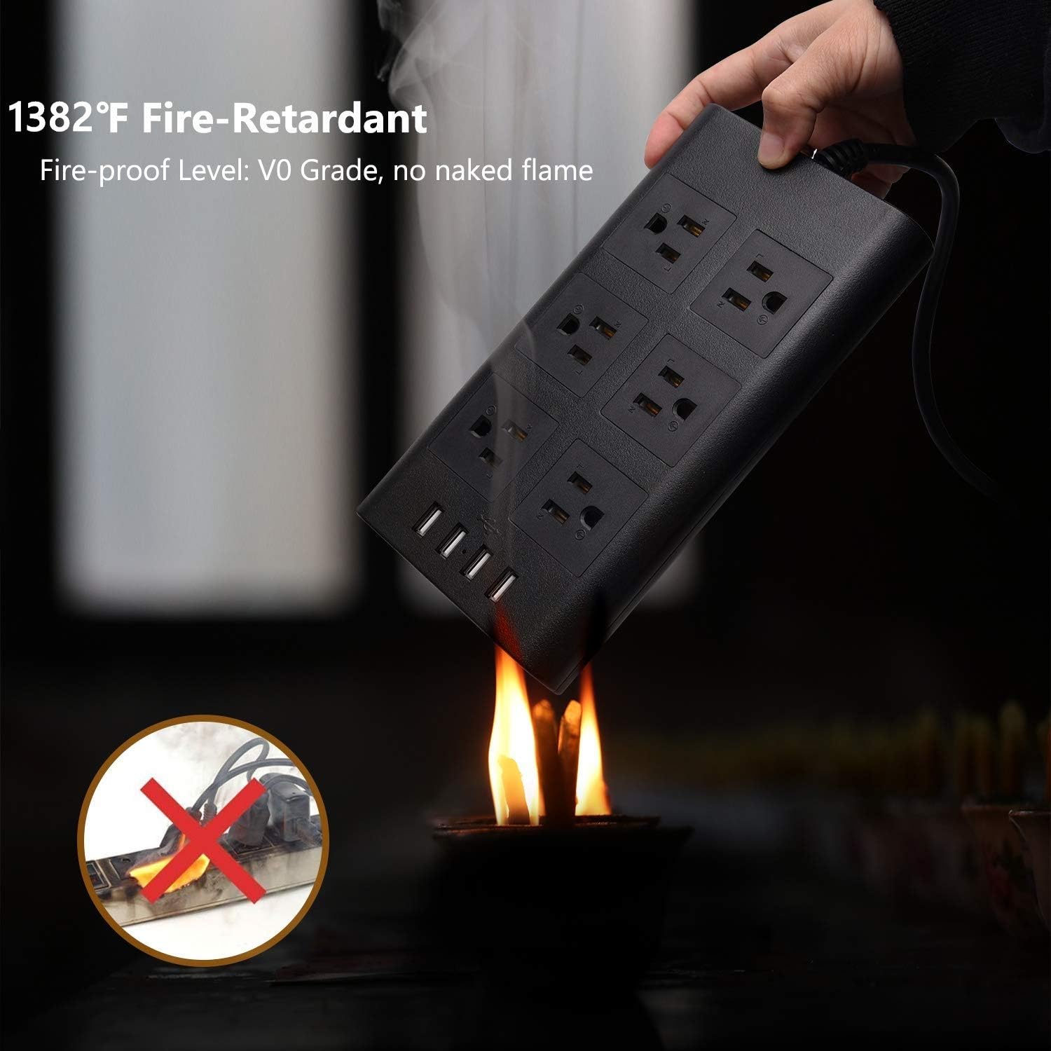 SUPERDANNY 15A Surge Protector Power Strip Flat Plug 9.8ft 14AWG Extension Cord 6 Outlet with 4 USB Ports Charger, Adjustable Voltage 110-240V for iPhone iPad Desktop Kitchen Home Office Indoor Black: Home Improvement